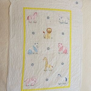 Vintage handmade baby quilt blanket play mat with animals 36” x 54.5”
